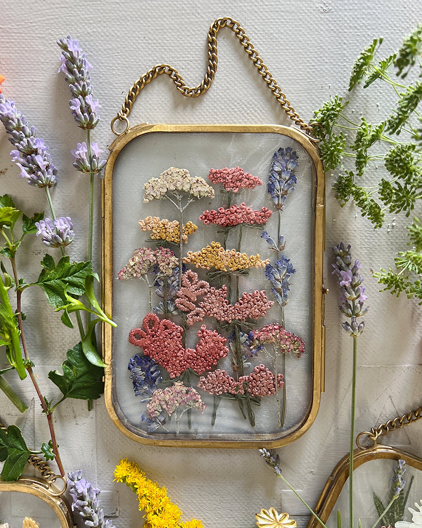 015 The Glass Garden - pressed flower and embroidery on silk.