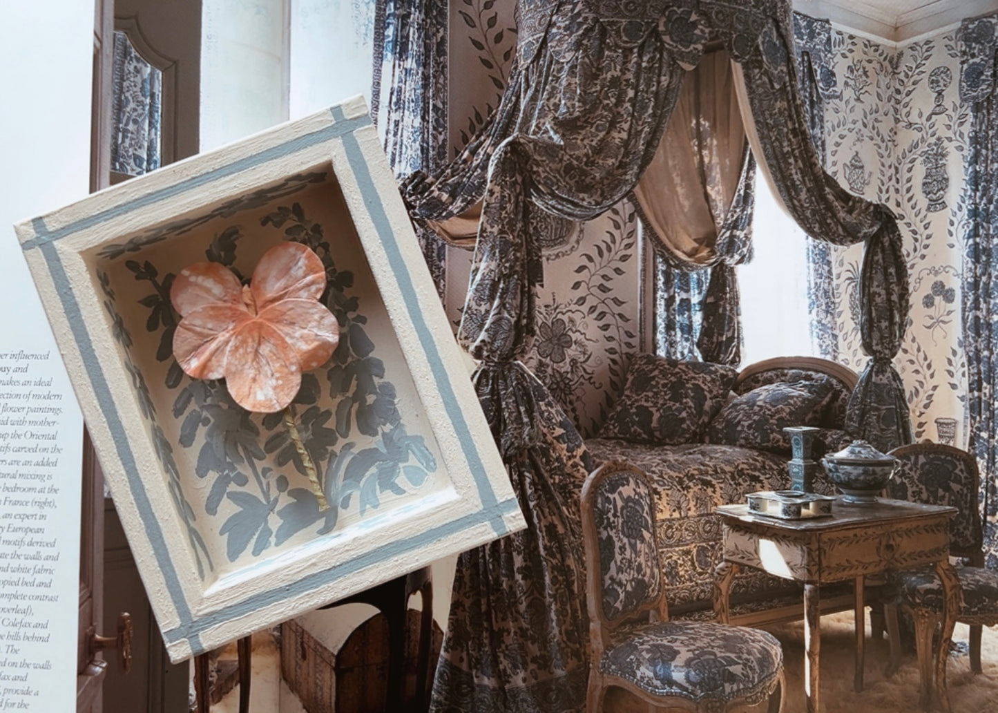 014 - Handmade Paper wild flower with painted Frame in Blue.