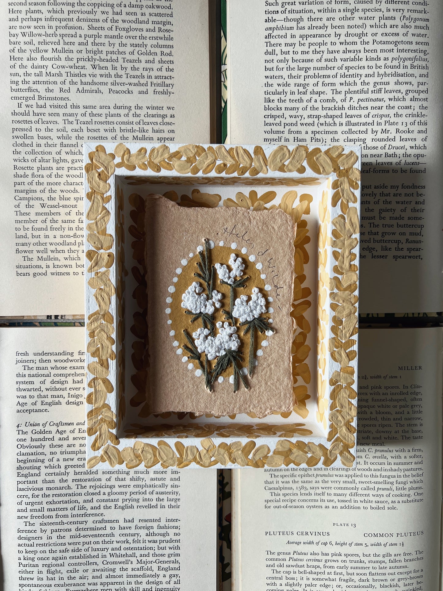 002 - Embroidered wild flowers on Handmade Paper - Framed in Yellow