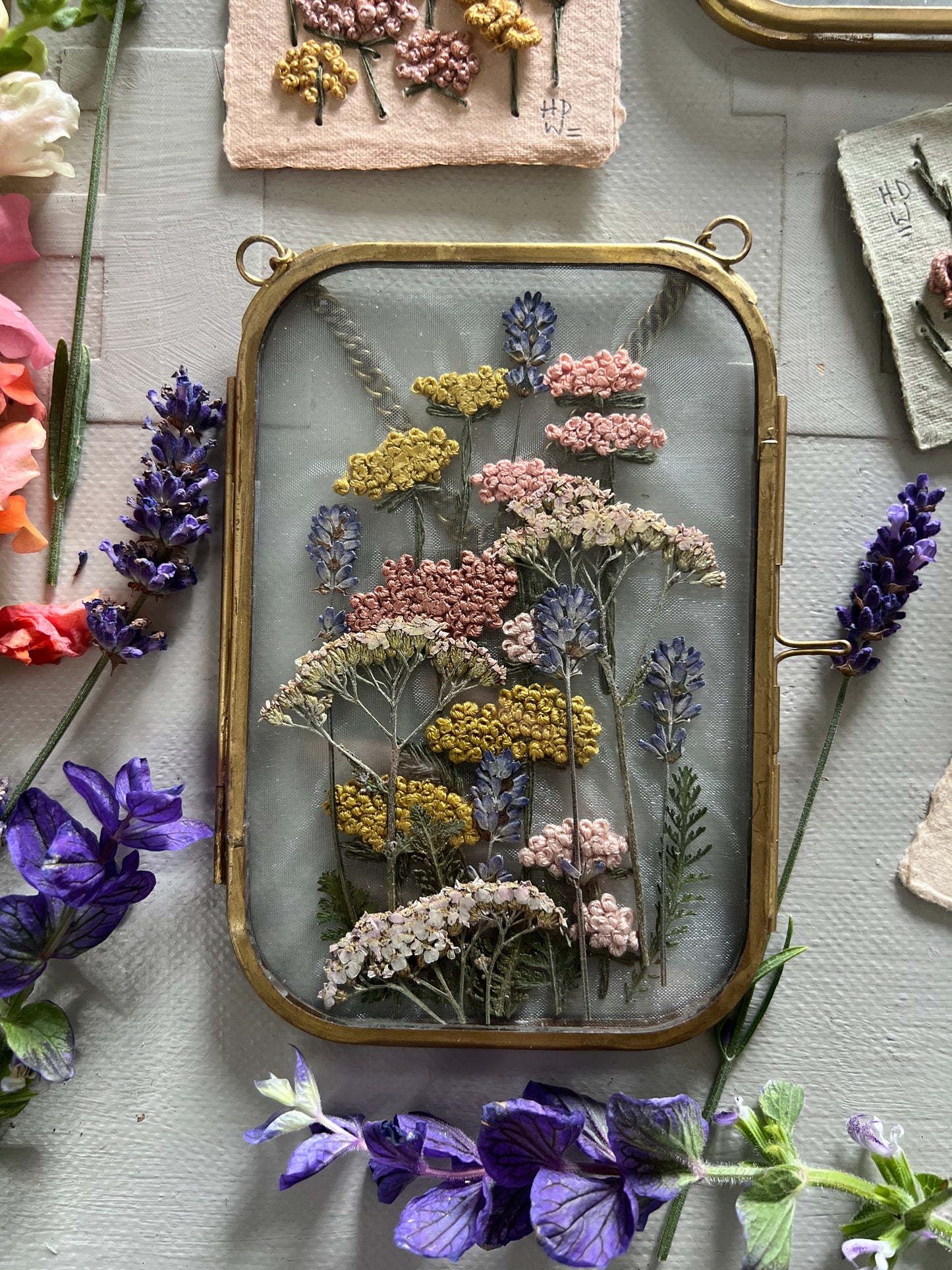 024 The Glass Garden - pressed flower and embroidery on silk.