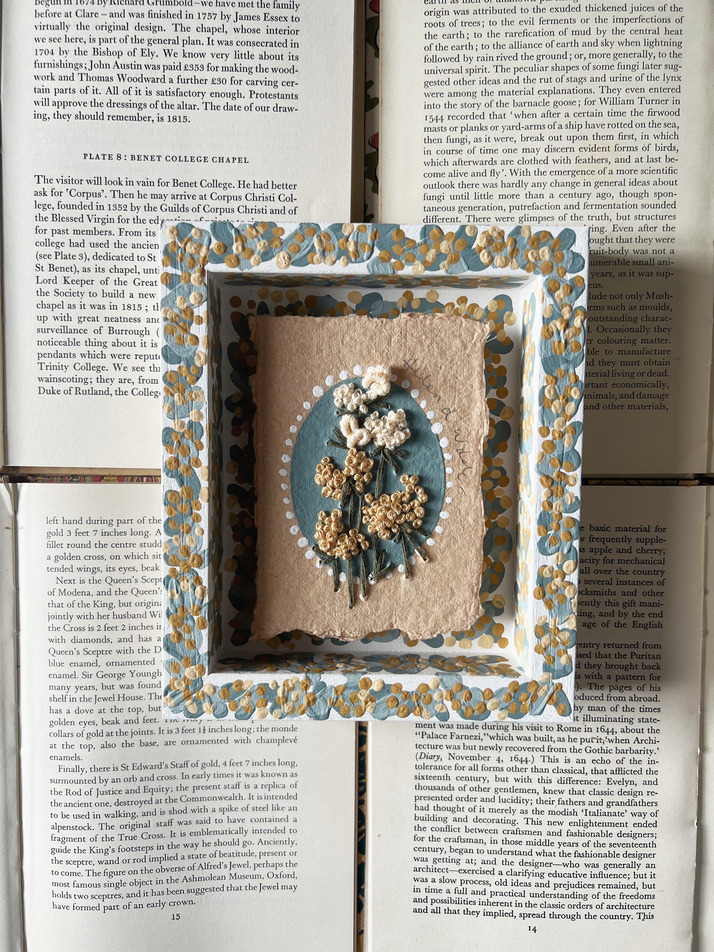 005 - Embroidered wild flowers on Handmade Paper - Framed in Yellow & Blue