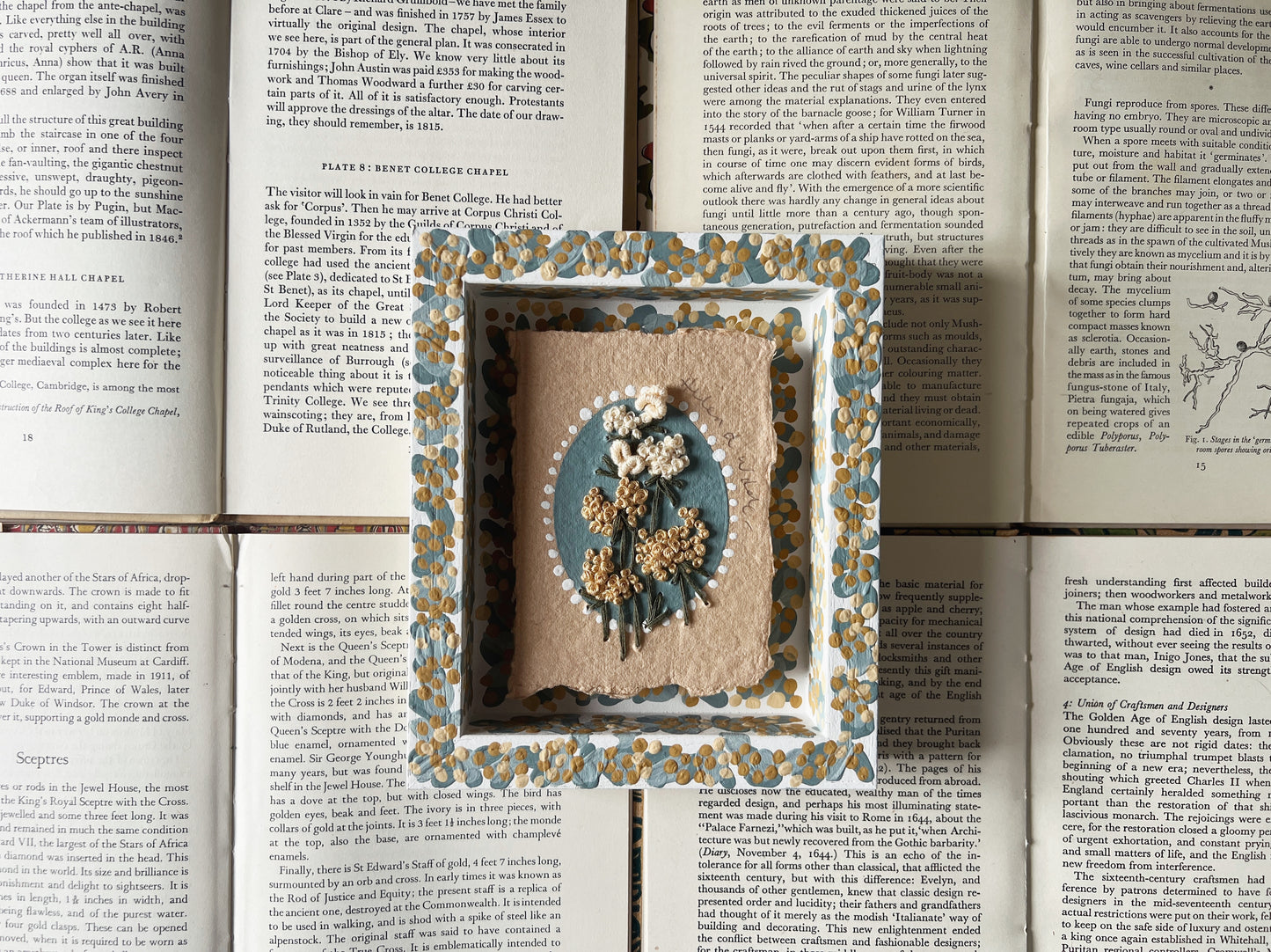 005 - Embroidered wild flowers on Handmade Paper - Framed in Yellow & Blue