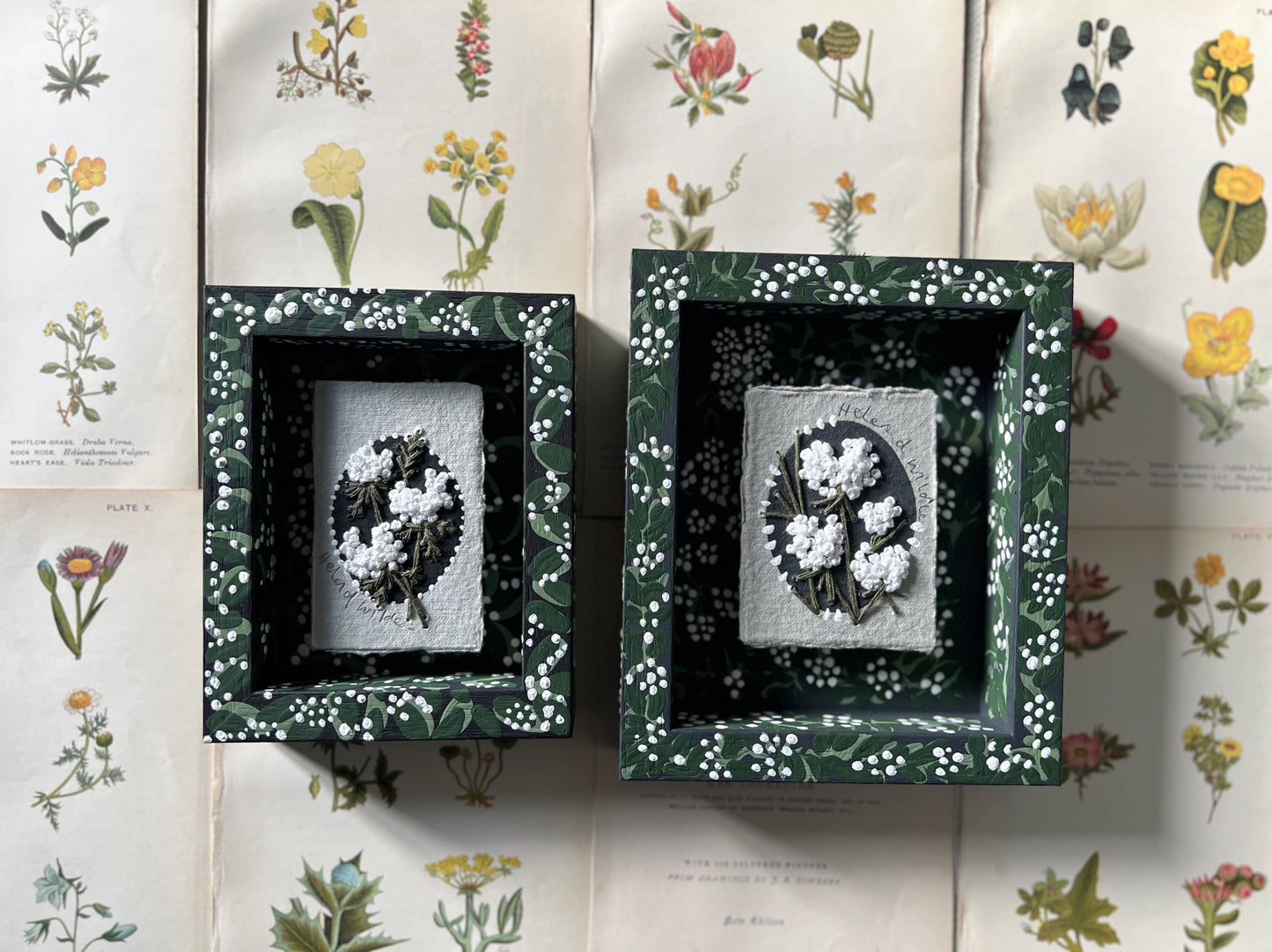 018 - Embroidered wild flowers on Handmade Paper - Framed in Midnight Garden