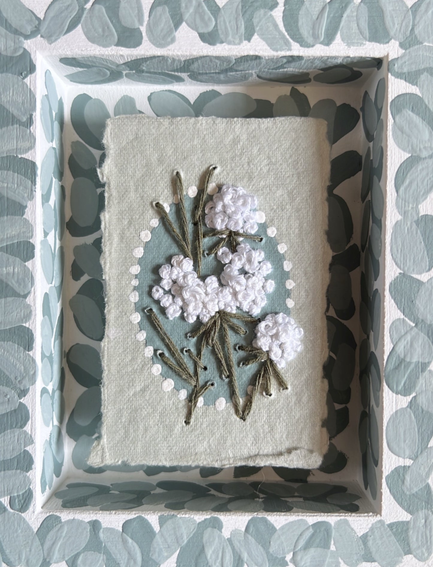 016 Embroidered wild flowers on Handmade Paper - Framed in Blue.