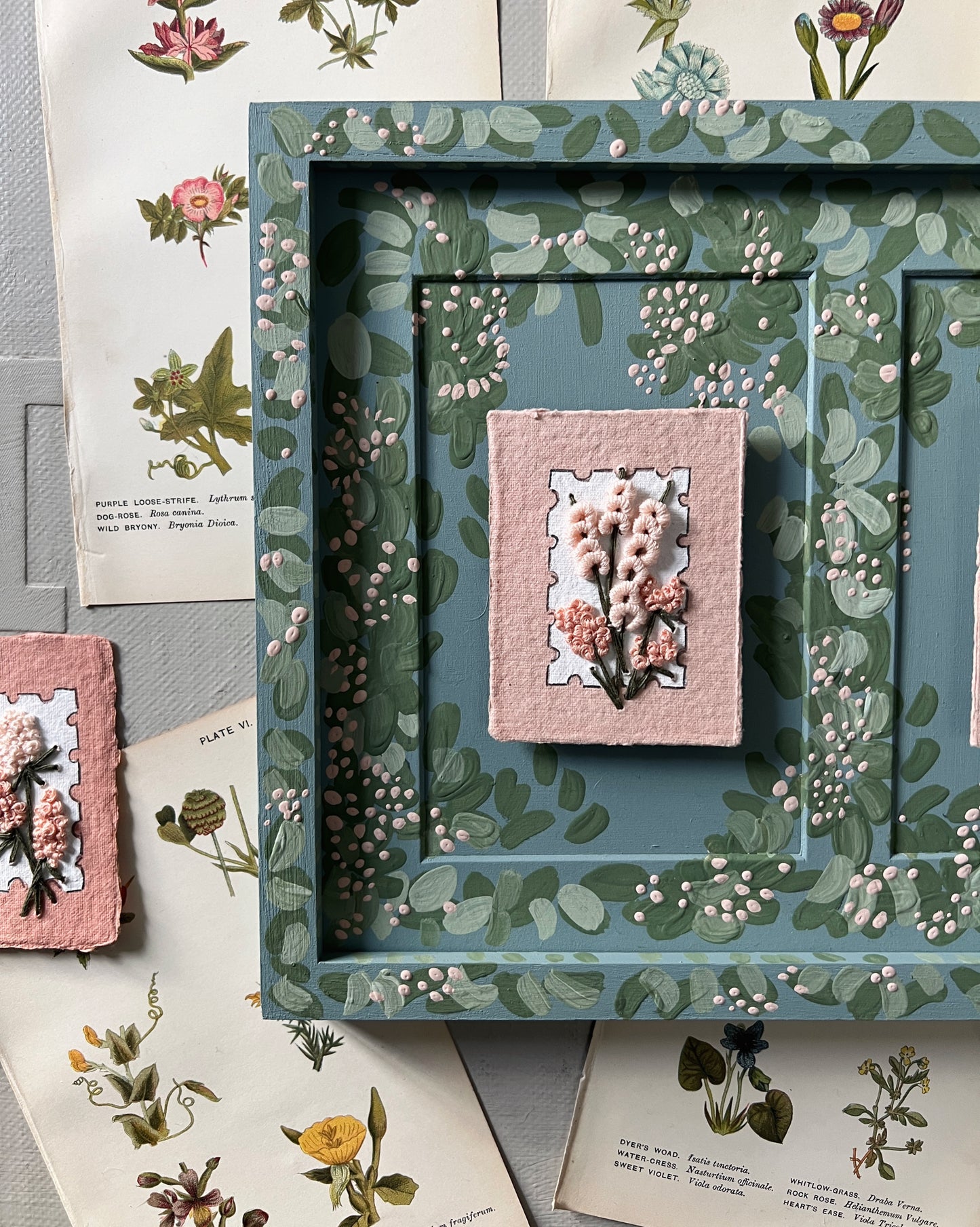 002 - Embroidered wild flowers on Handmade Paper - Framed in Meadow.