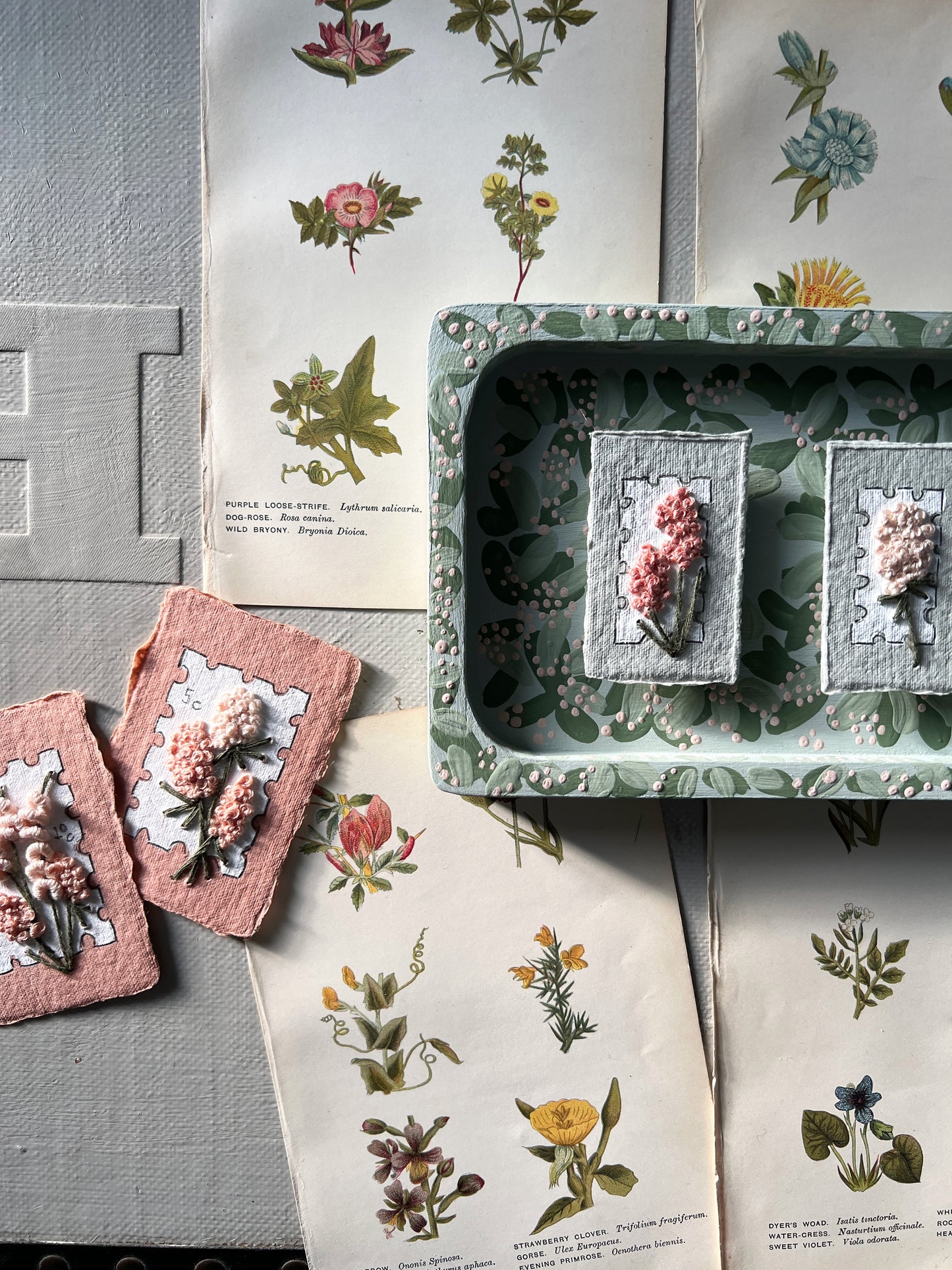 004 - Embroidered wild flowers on Handmade Paper - Framed in Meadow.