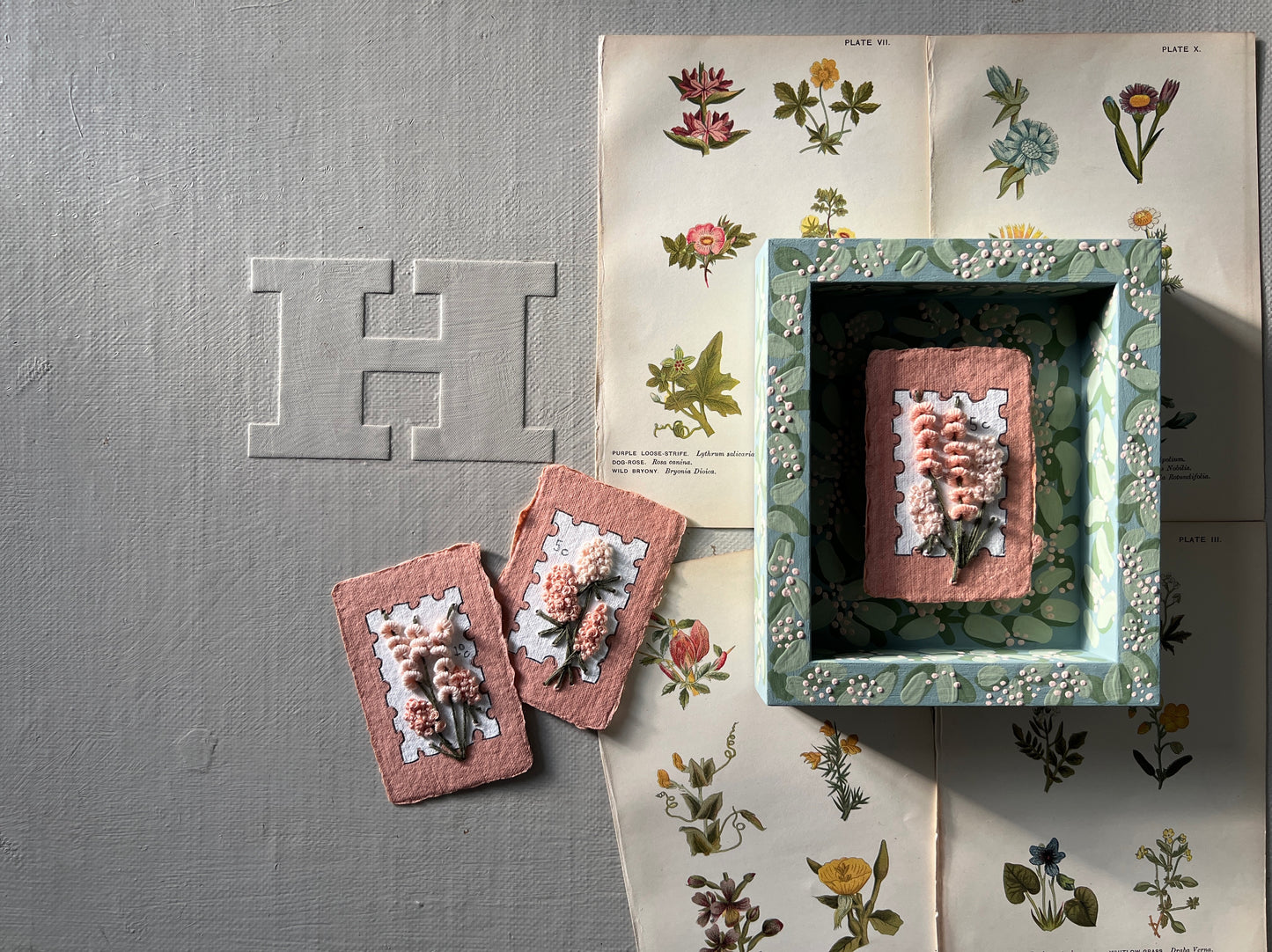 000 - Embroidered wild flowers on Handmade Paper - Framed in Meadow