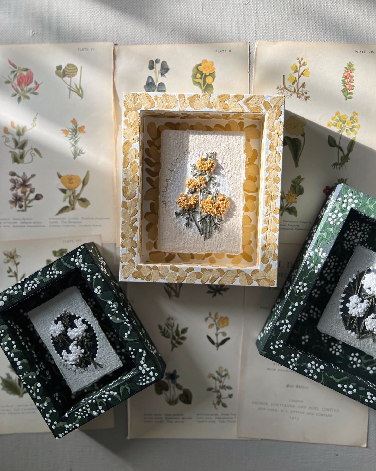 012 - Embroidered wild flowers on Handmade Paper - Framed in Yellow