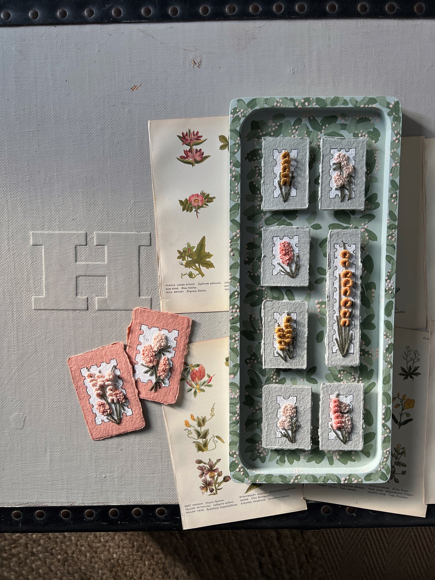 006 - Embroidered wild flowers on Handmade Paper - Framed in Meadow.