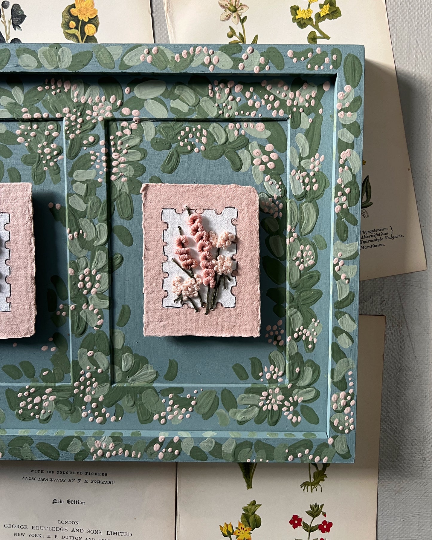 002 - Embroidered wild flowers on Handmade Paper - Framed in Meadow.