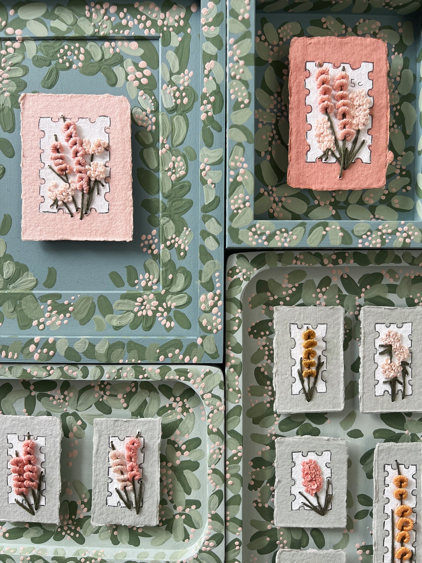 000 - Embroidered wild flowers on Handmade Paper - Framed in Meadow