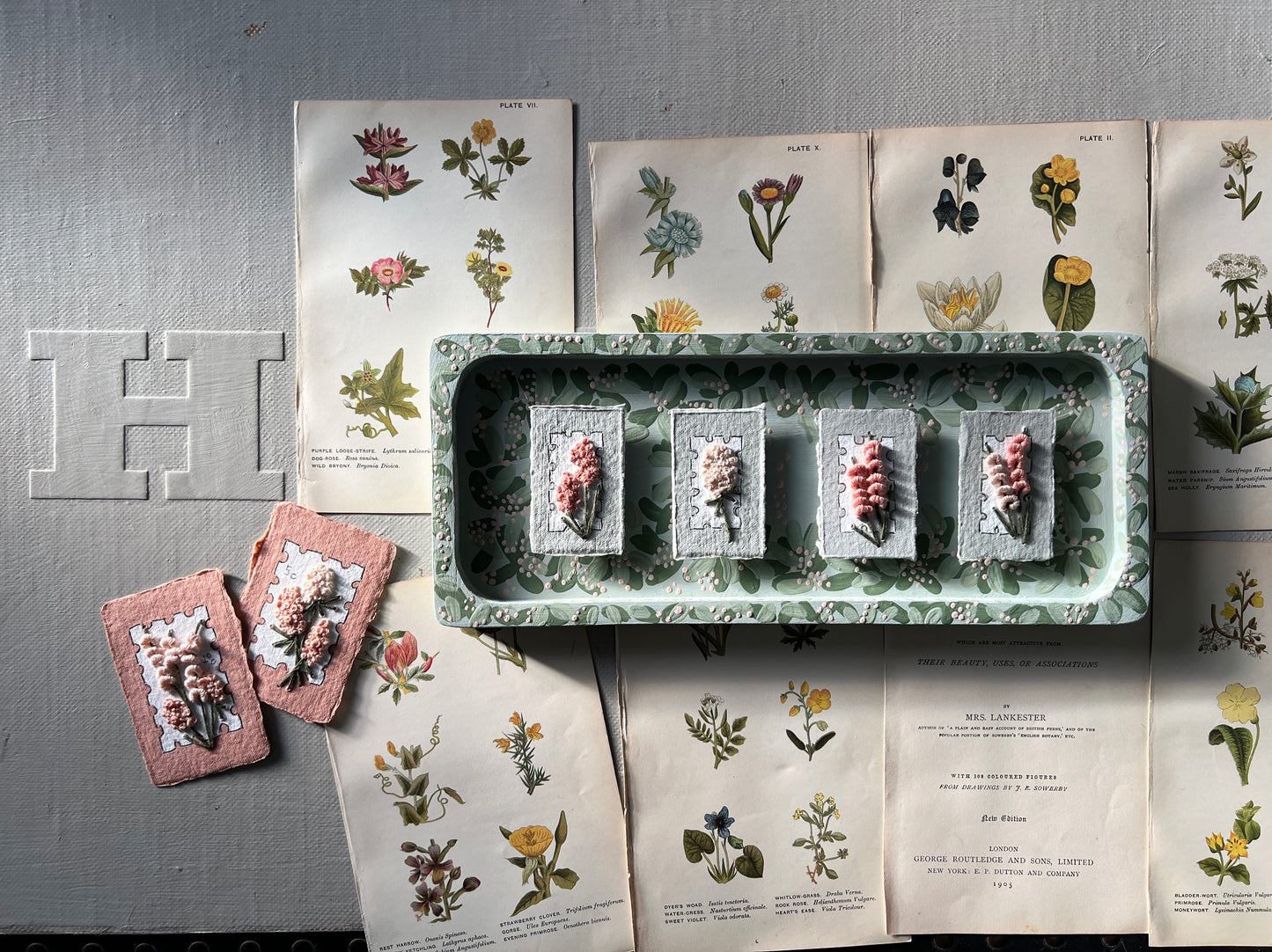 004 - Embroidered wild flowers on Handmade Paper - Framed in Meadow.