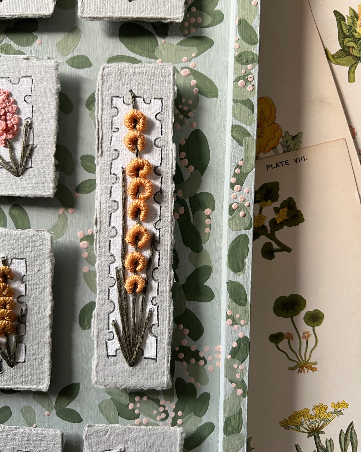 006 - Embroidered wild flowers on Handmade Paper - Framed in Meadow.