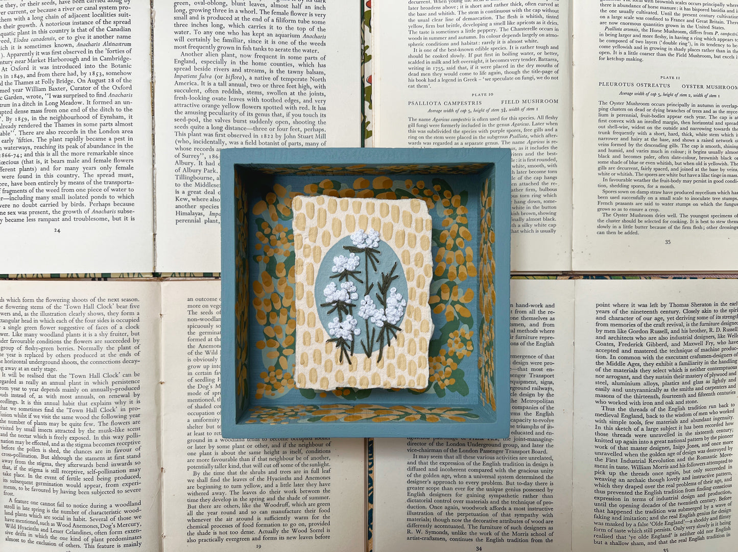 005 - Embroidered wild flowers on Handmade Paper - Framed in Yellow & Blue