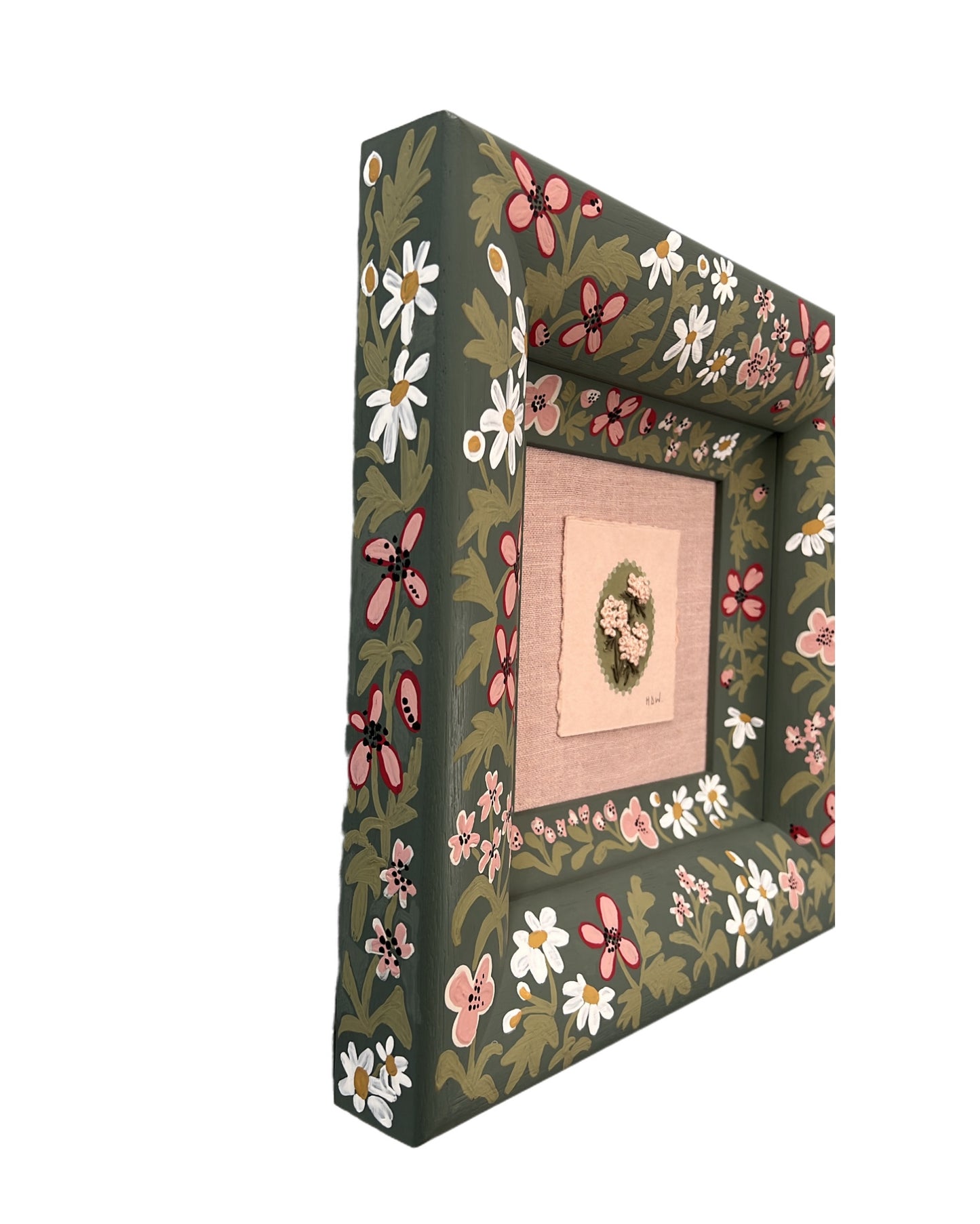 001 - Embroidered wild flowers on Handmade Paper with painted Frame II