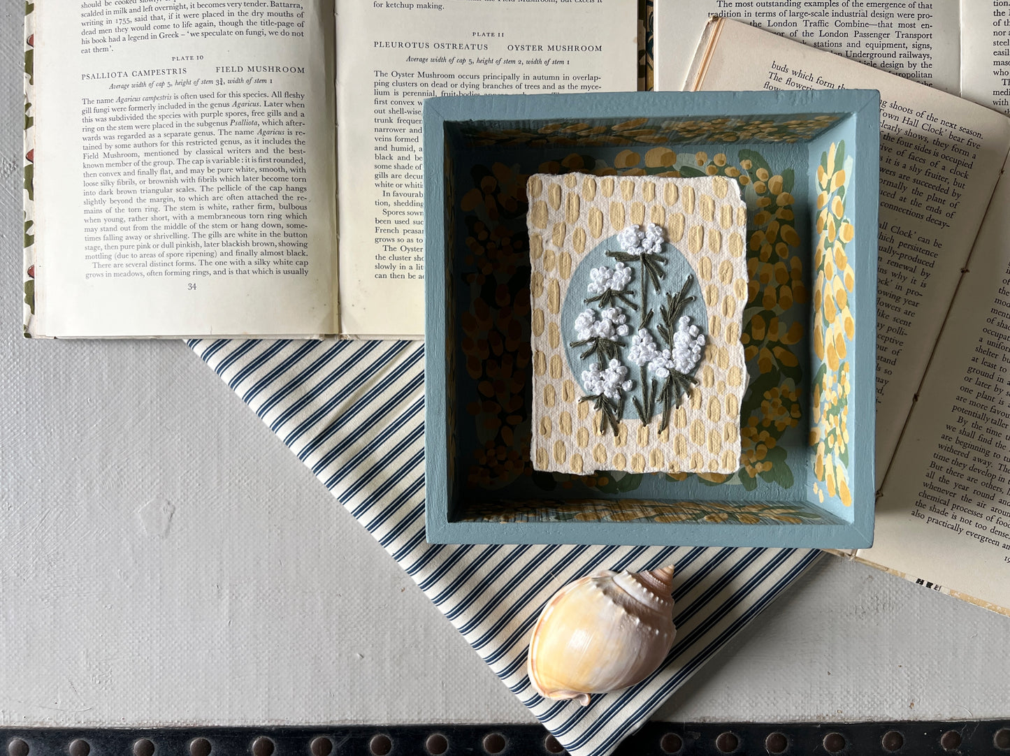 005 - Embroidered wild flowers on Handmade Paper - Framed in Yellow & Blue