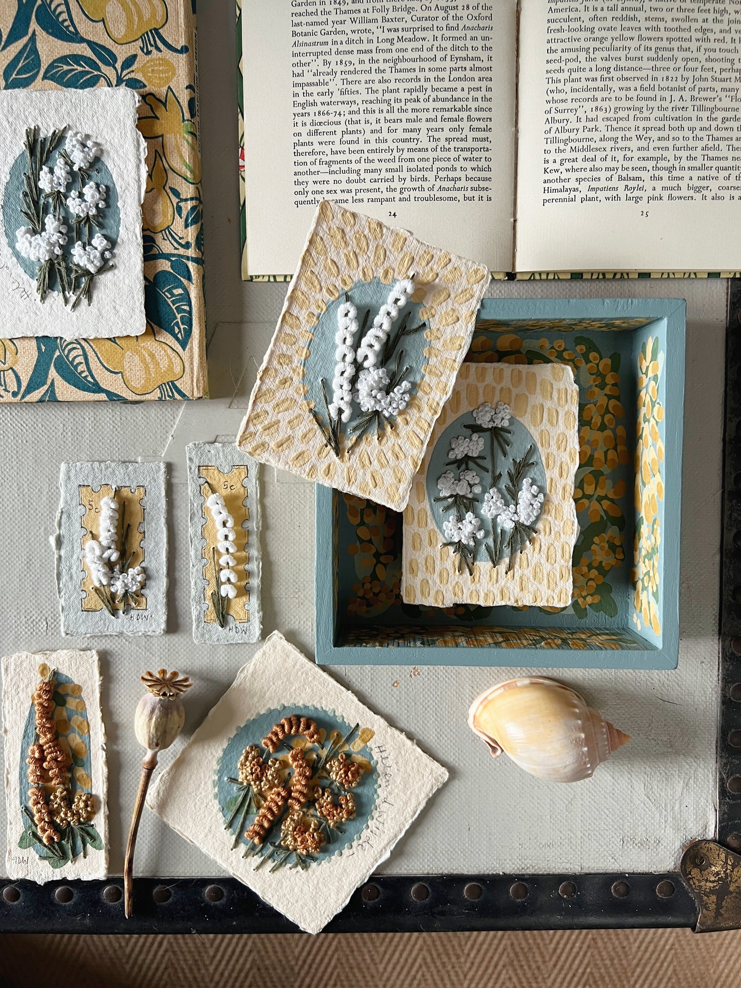 005 - Embroidered wild flowers on Handmade Paper - Framed in Yellow & Blue