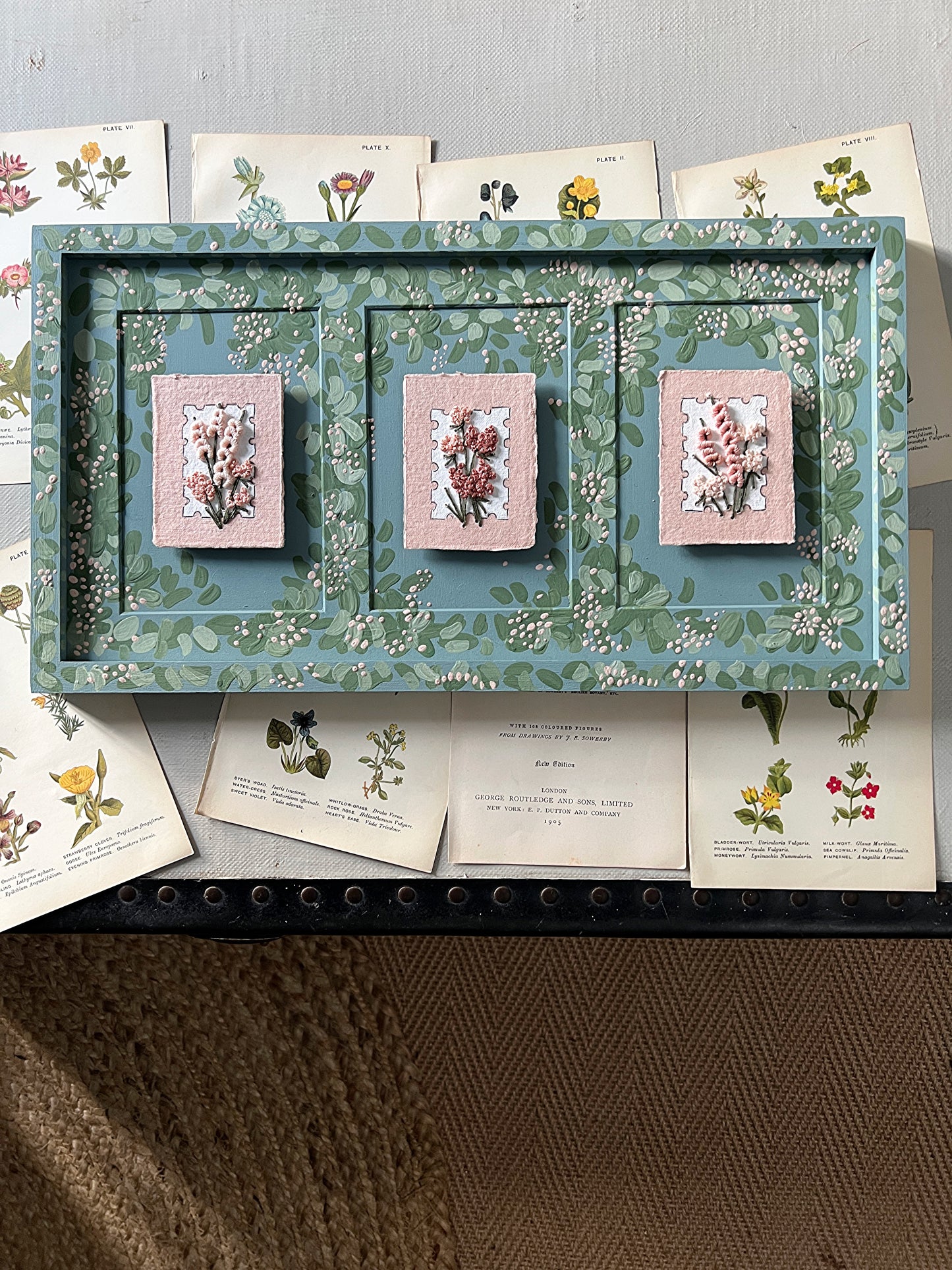 002 - Embroidered wild flowers on Handmade Paper - Framed in Meadow.