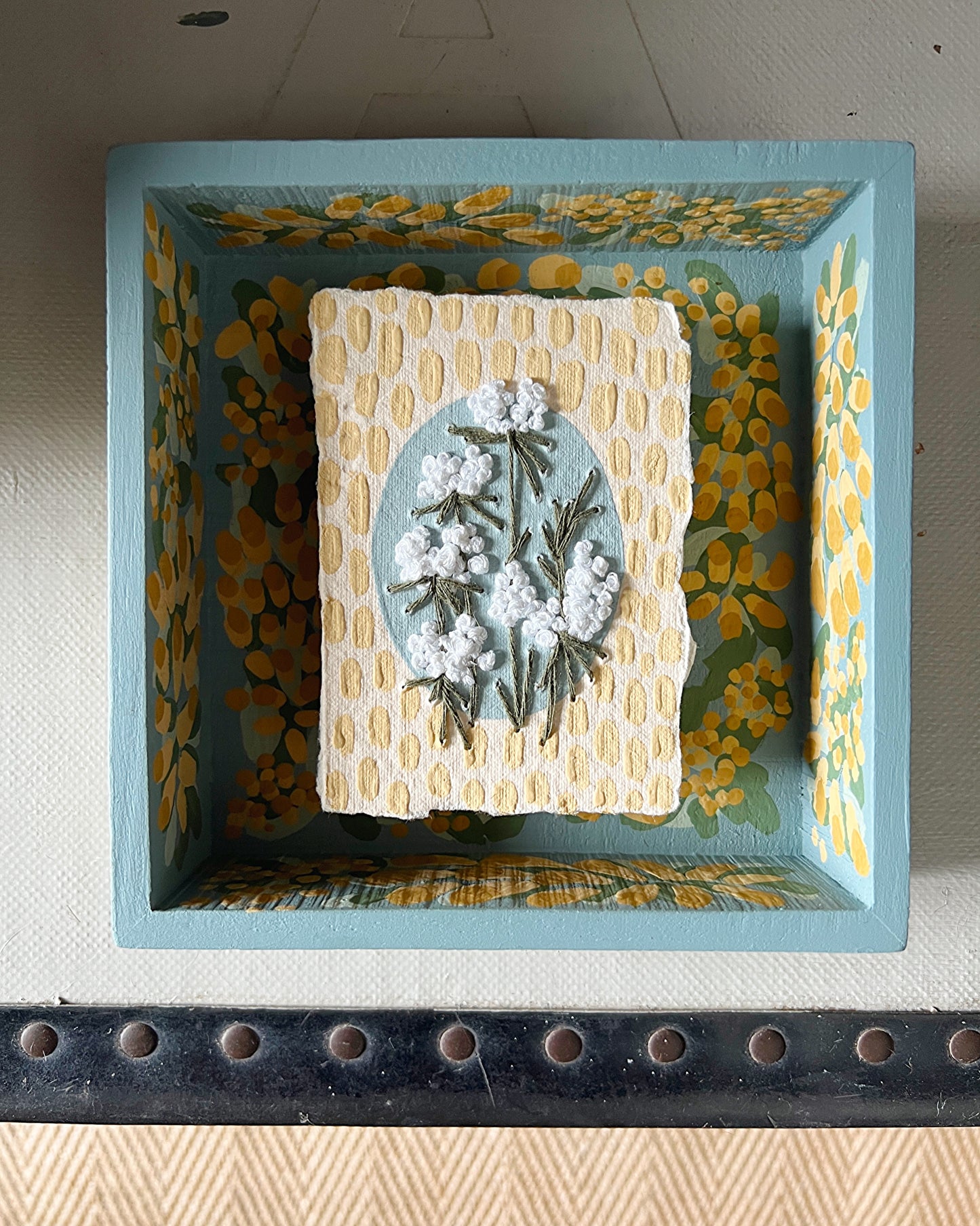 005 - Embroidered wild flowers on Handmade Paper - Framed in Yellow & Blue