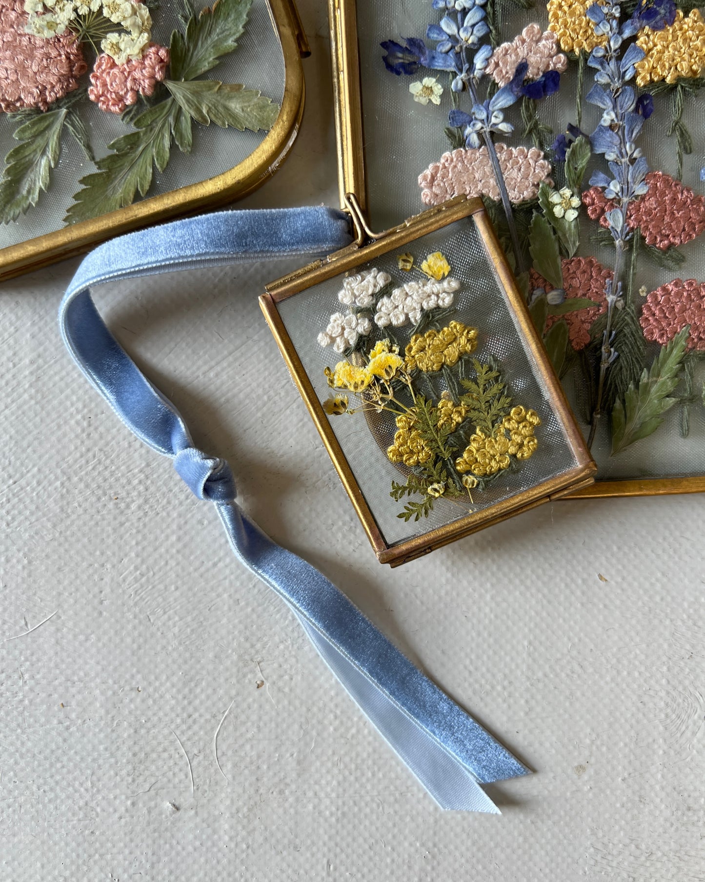 009 The Glass Garden - pressed flower and embroidery on silk.