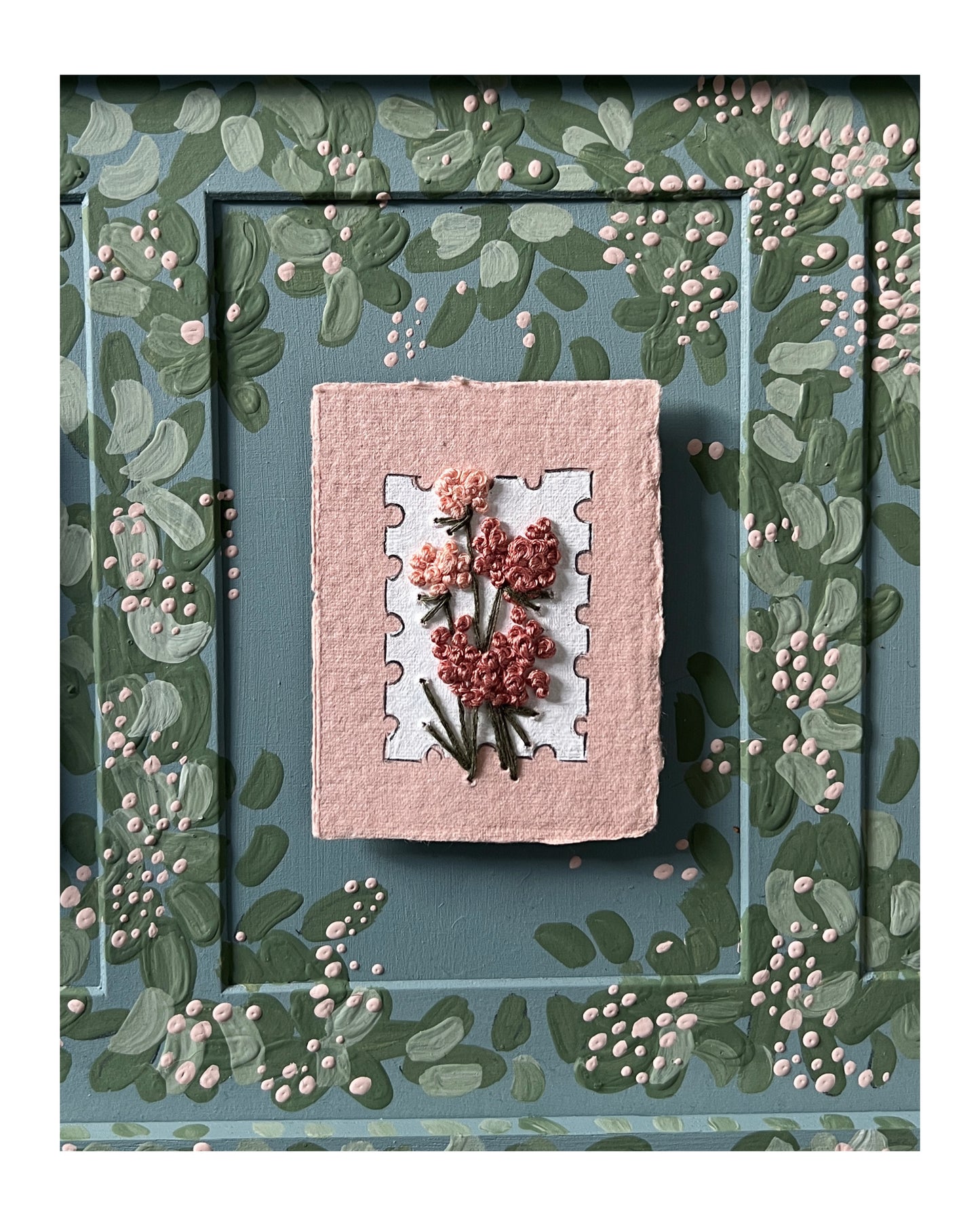 002 - Embroidered wild flowers on Handmade Paper - Framed in Meadow.