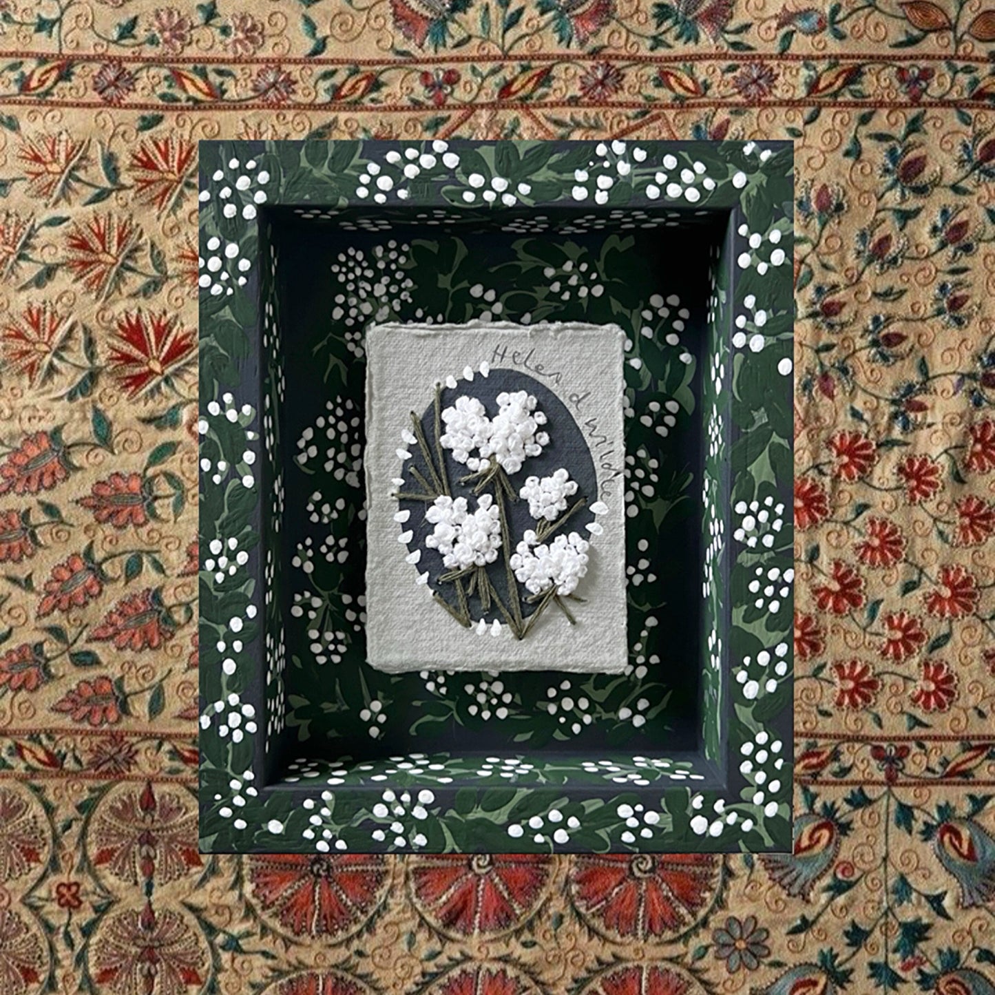 018 - Embroidered wild flowers on Handmade Paper - Framed in Midnight Garden