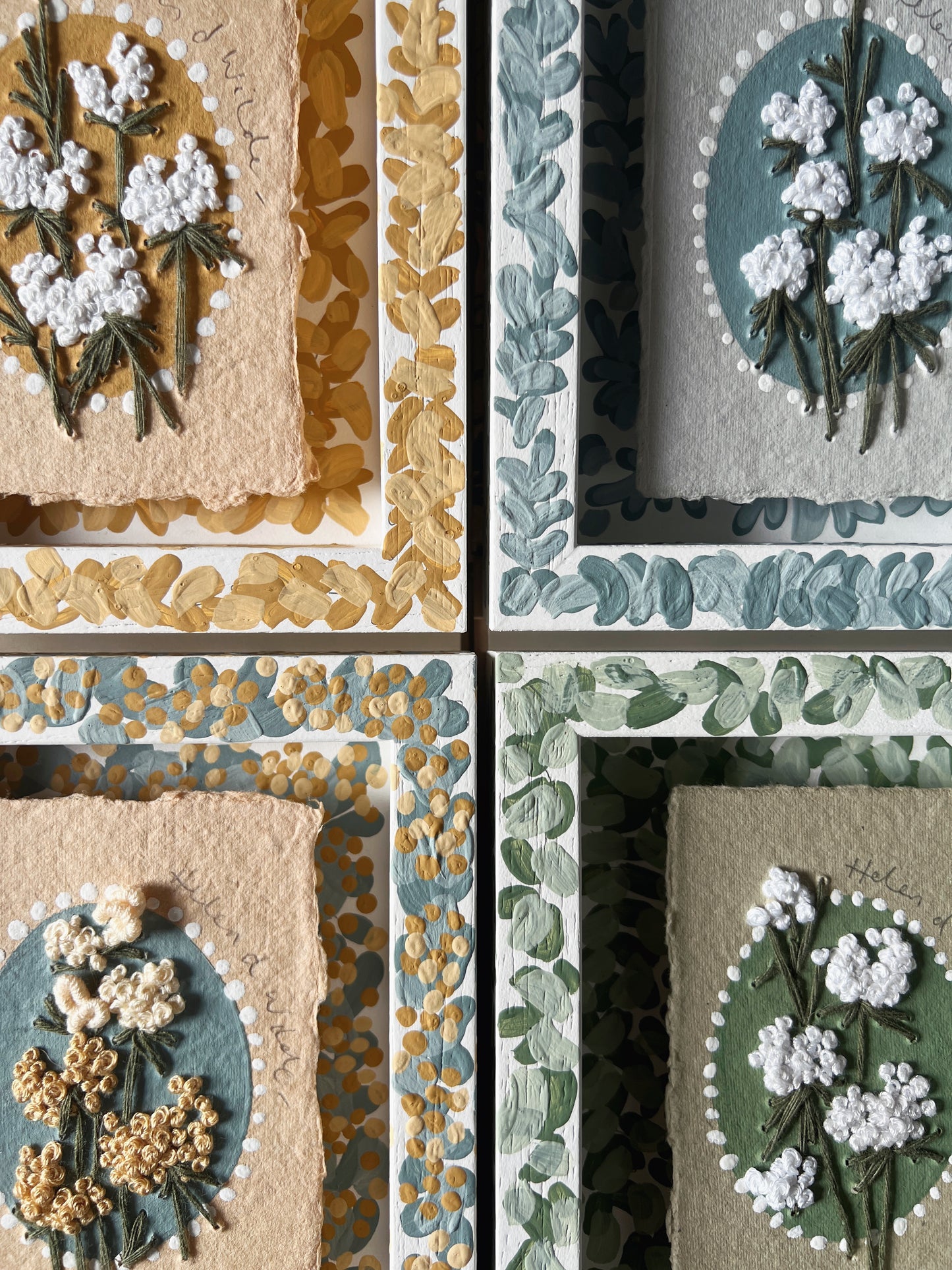 005 - Embroidered wild flowers on Handmade Paper - Framed in Yellow & Blue