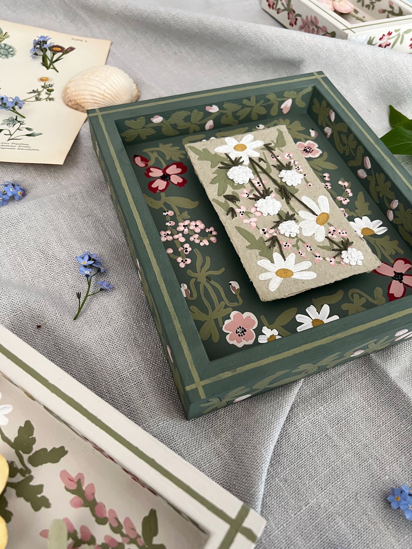 001 - Embroidered wild flowers on Handmade Paper with painted Frame.
