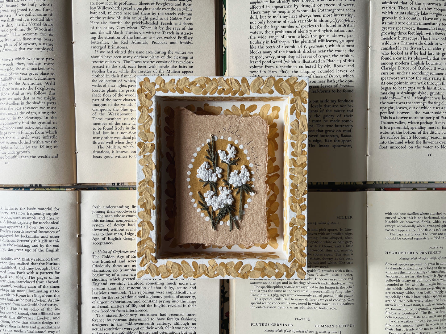 002 - Embroidered wild flowers on Handmade Paper - Framed in Yellow