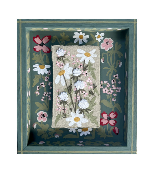 001 - Embroidered wild flowers on Handmade Paper with painted Frame.