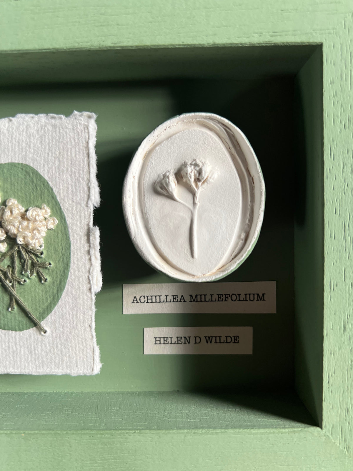 002 Framed plaster Intaglio & paper embroidery - in Calke Green
