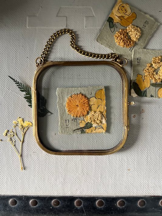 018 - Tiny Art Embroidered floral framed painting on Handmade Paper