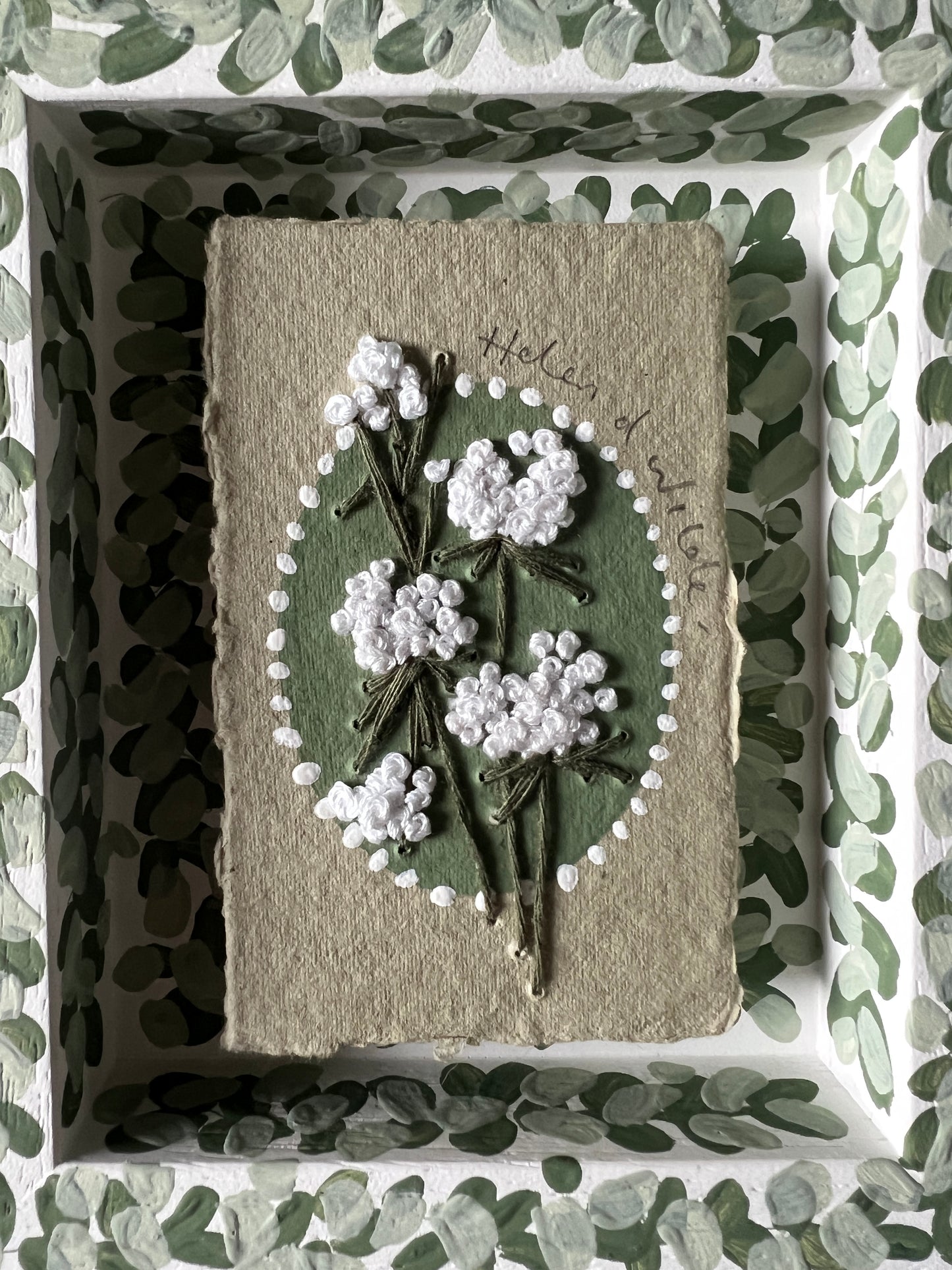 000 - Embroidered wild flowers on Handmade Paper - Framed in Green