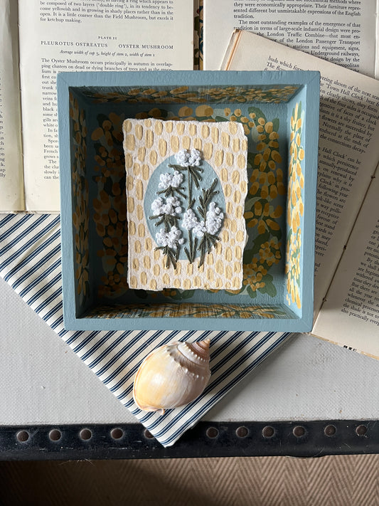 005 - Embroidered wild flowers on Handmade Paper - Framed in Yellow & Blue