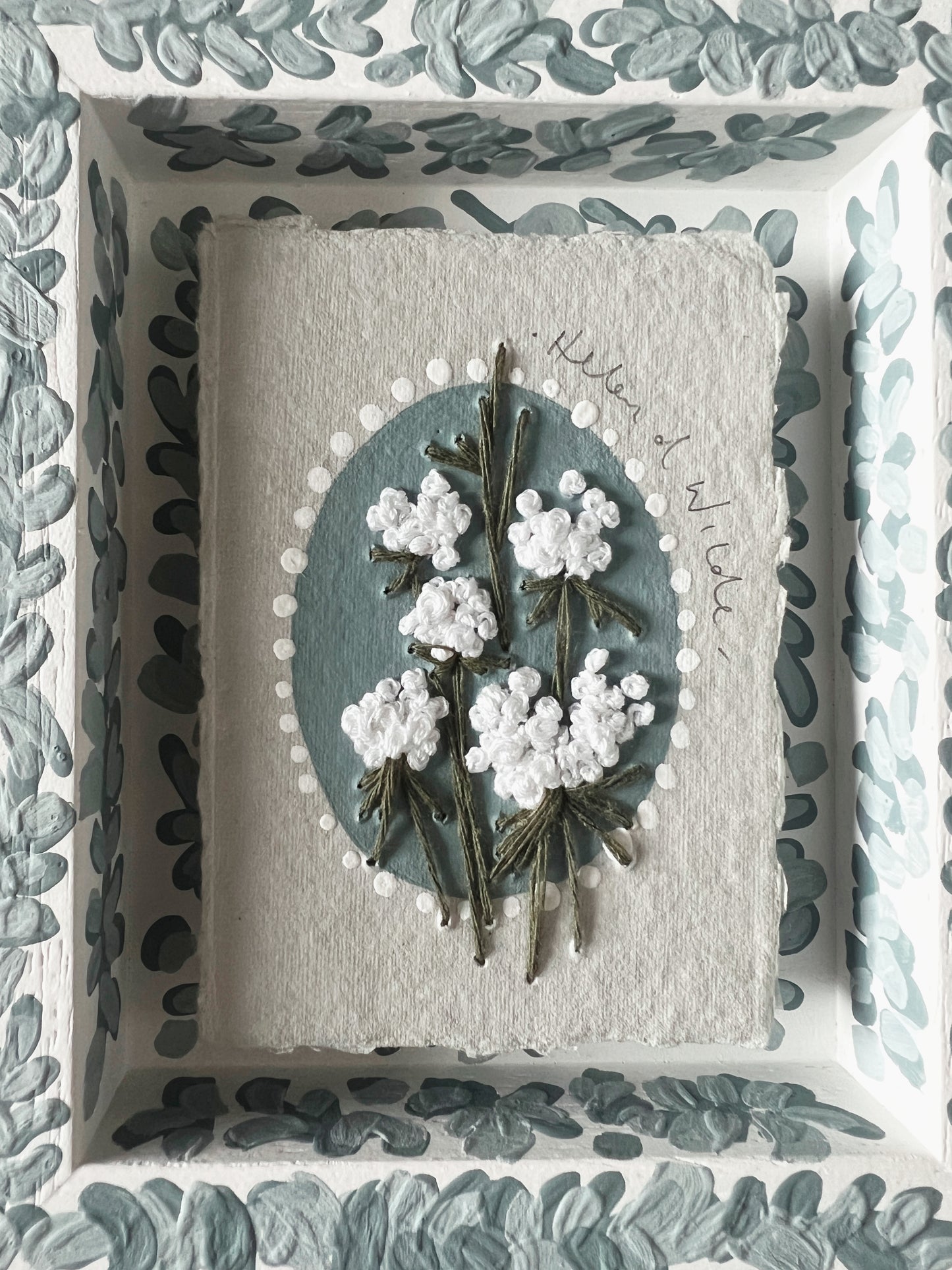 007 - Embroidered wild flowers on Handmade Paper - Framed in Blue.