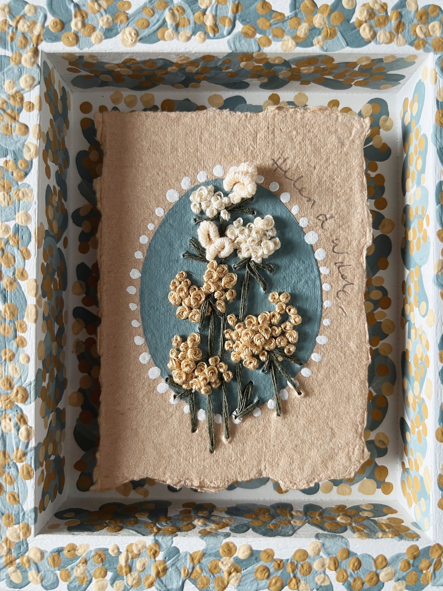 005 - Embroidered wild flowers on Handmade Paper - Framed in Yellow & Blue