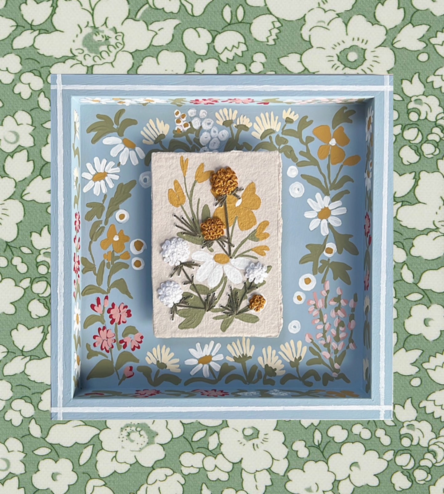 007 - Embroidered wild flowers on Handmade Paper with painted Frame.