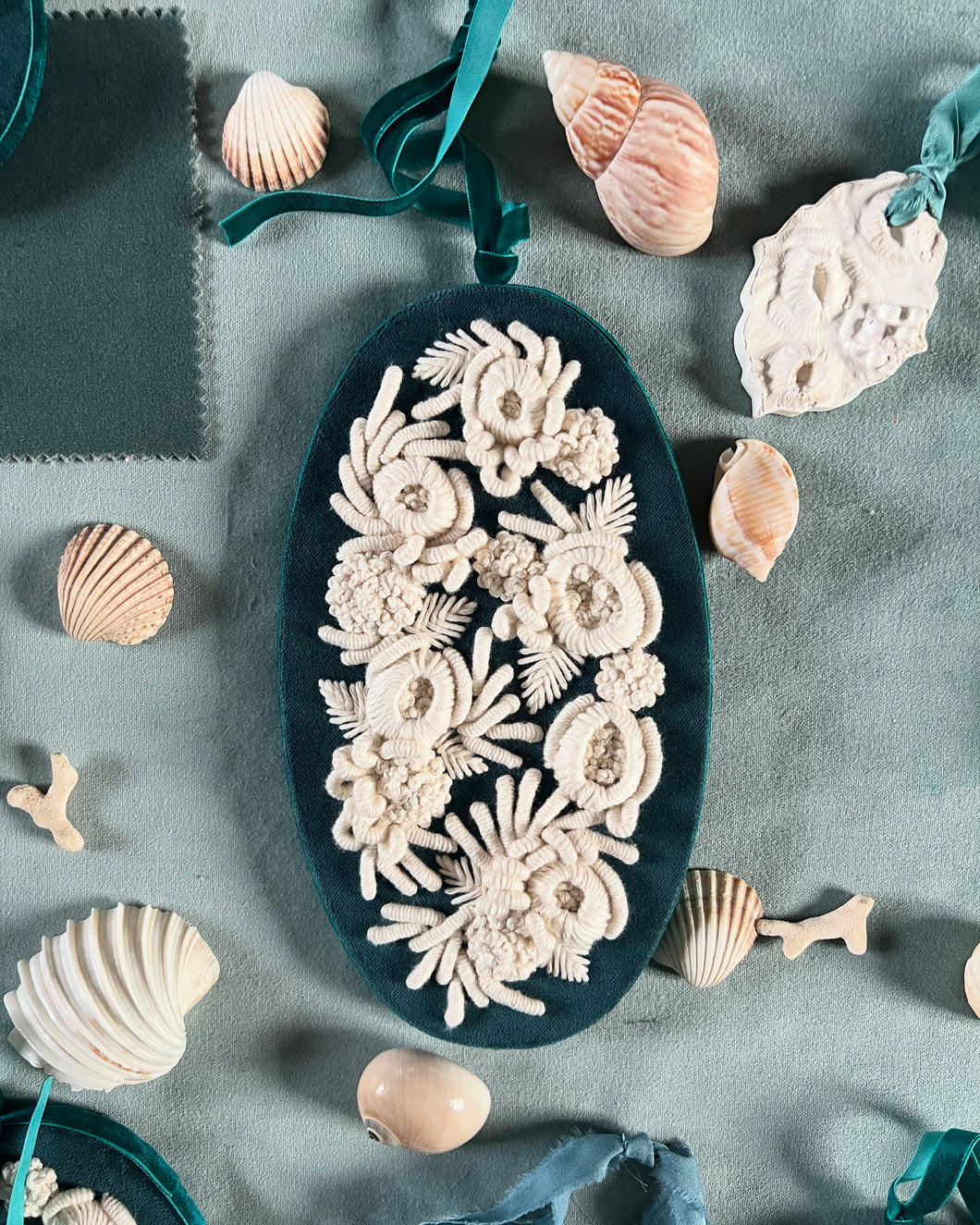 Coral Embroidery - Teal Blue Velvet Oval IV