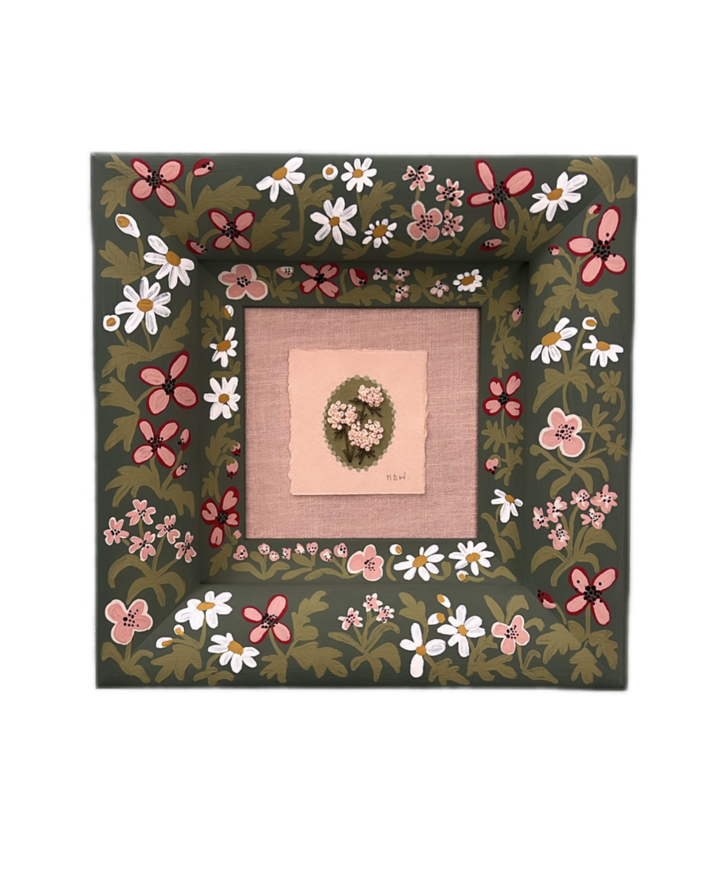 001 - Embroidered wild flowers on Handmade Paper with painted Frame II