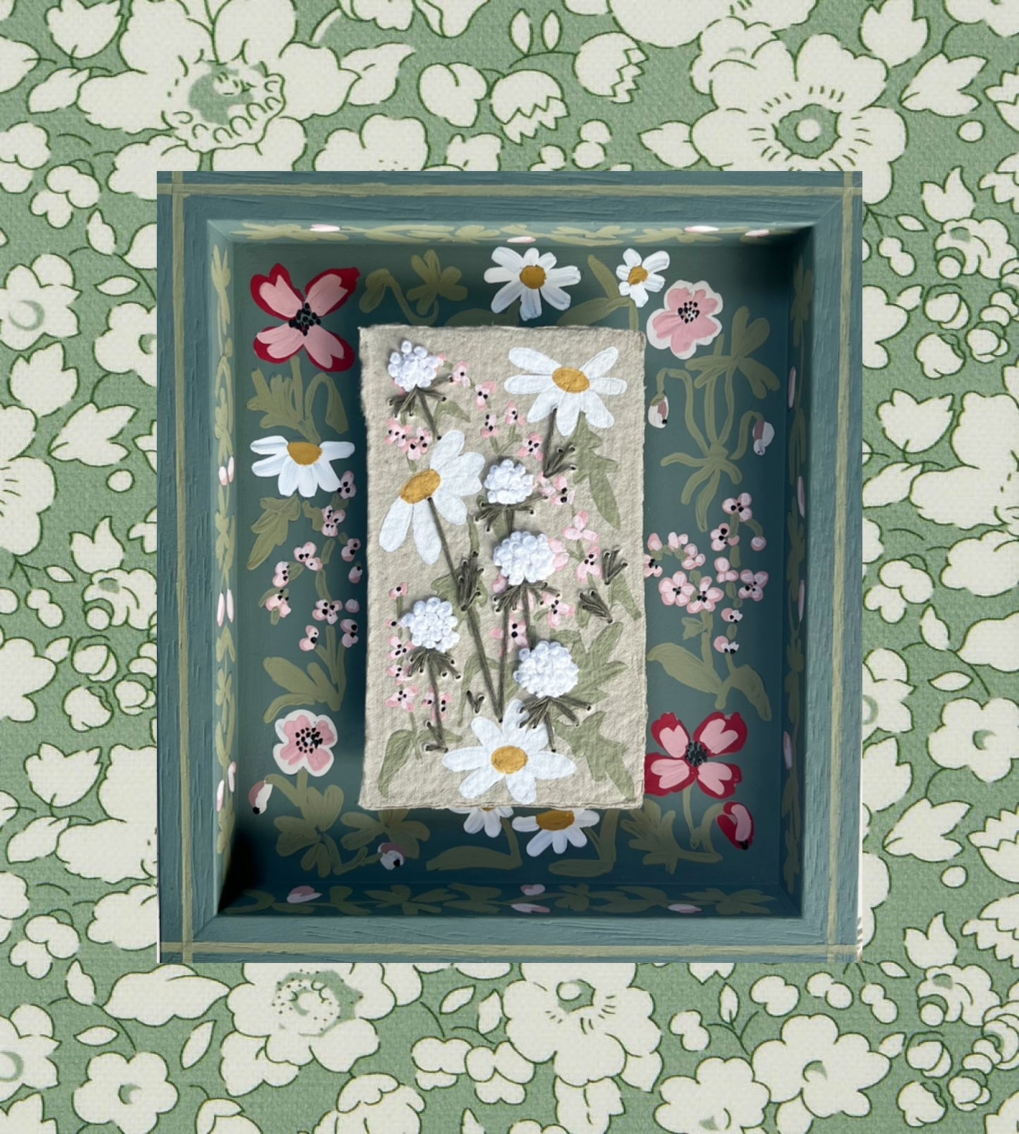 001 - Embroidered wild flowers on Handmade Paper with painted Frame.