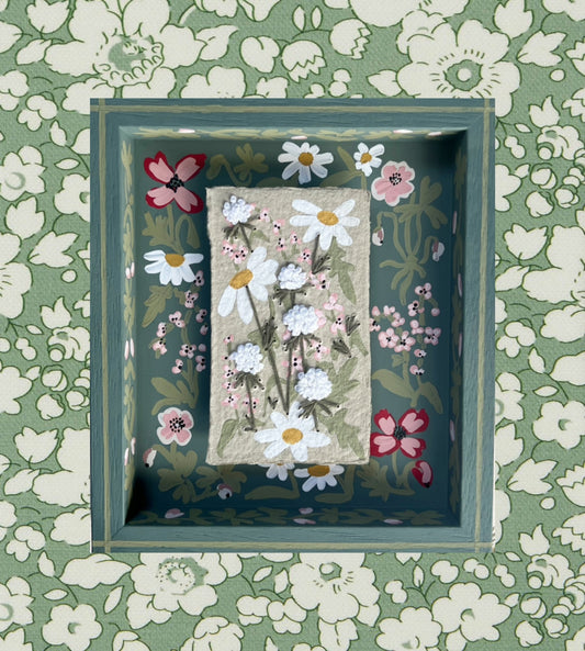 001 - Embroidered wild flowers on Handmade Paper with painted Frame.