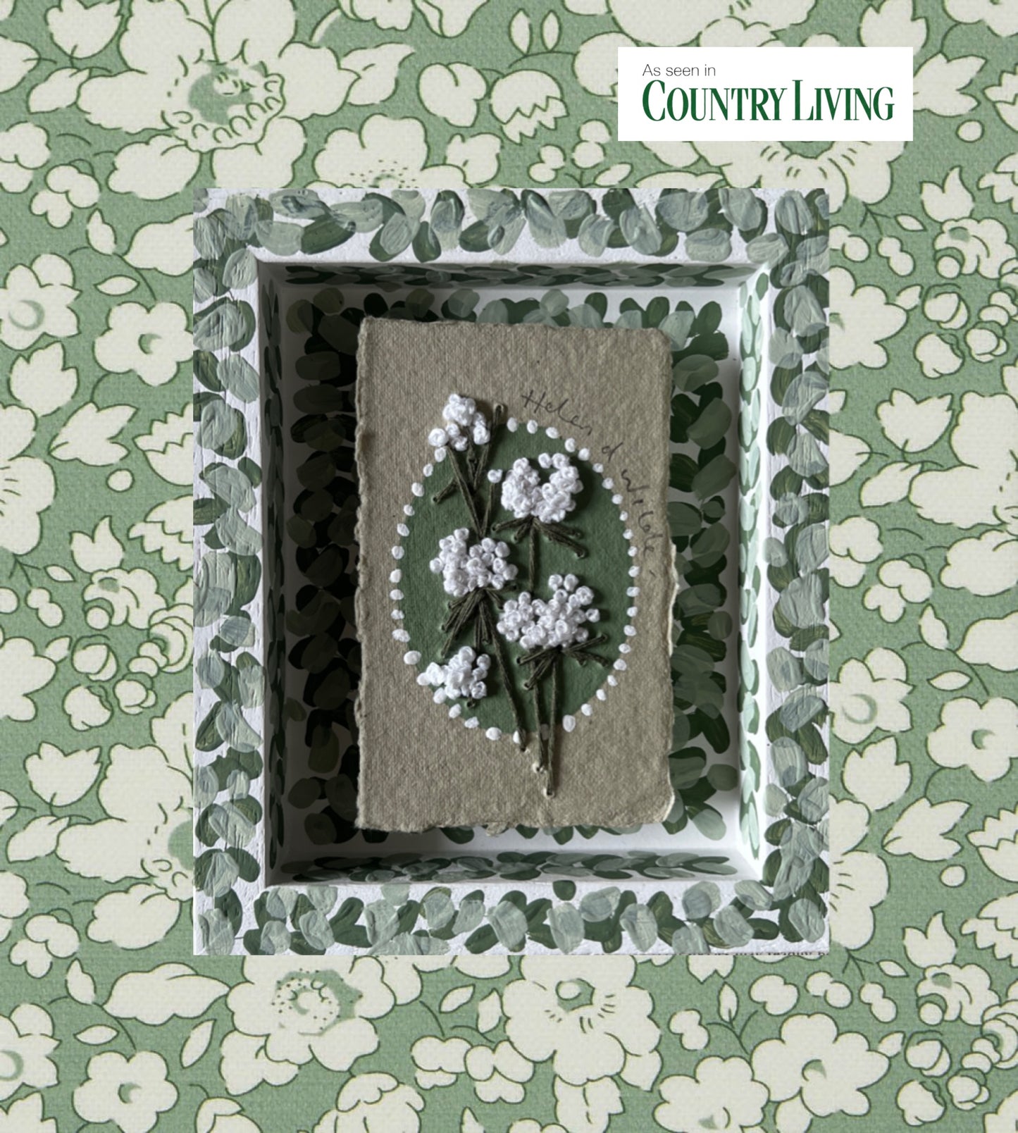 000 - PRE ORDER - Embroidered wild flowers on Handmade Paper - Framed in Green