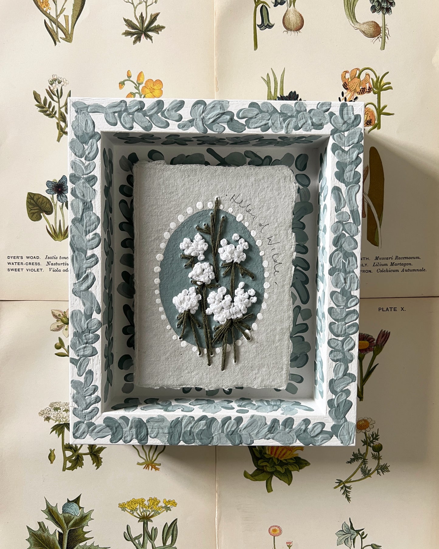 023 - Embroidered wild flowers on Handmade Paper - Framed in Blue.
