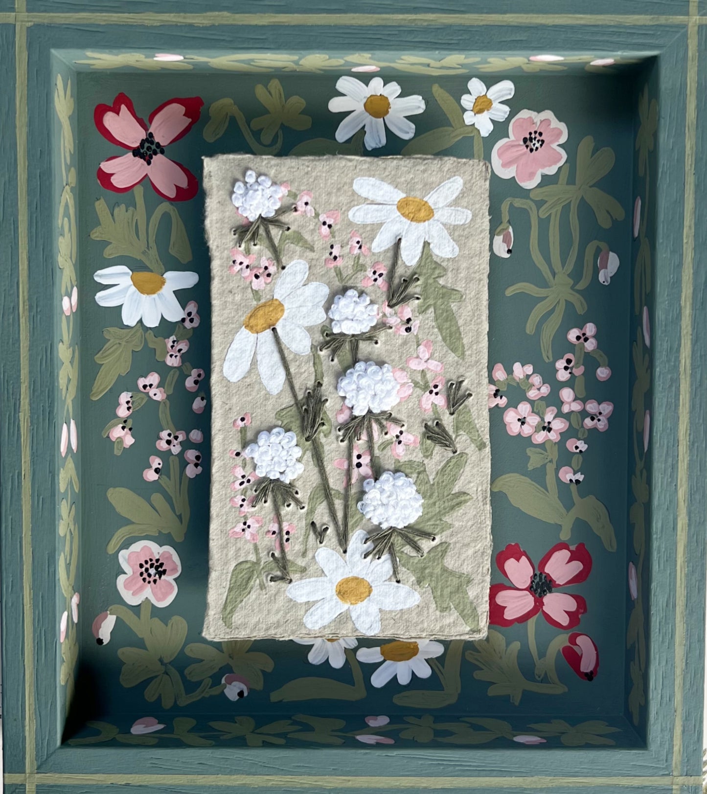 010 - Embroidered wild flowers on Handmade Paper with painted Frame.