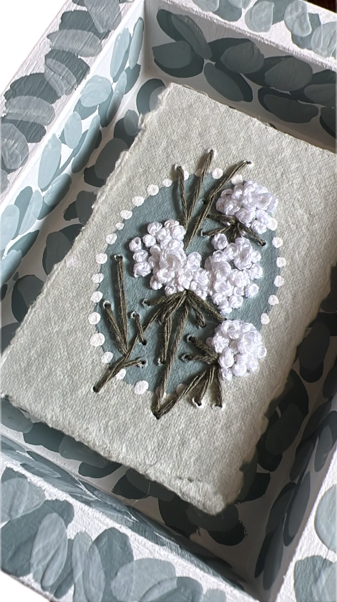016 Embroidered wild flowers on Handmade Paper - Framed in Blue.