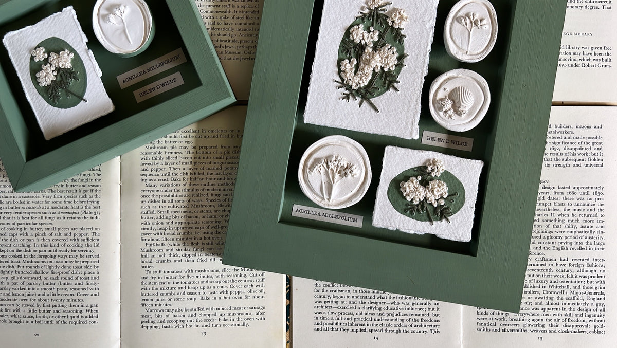 002 Framed plaster Intaglios & paper embroidery - in Calke Green