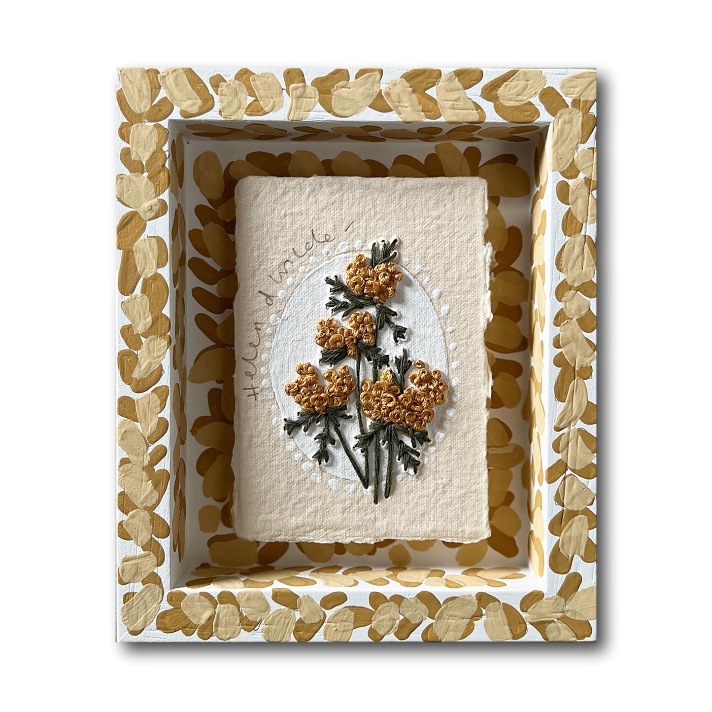 002 - PRE ORDER - Embroidered wild flowers on Handmade Paper - Framed in Yellow