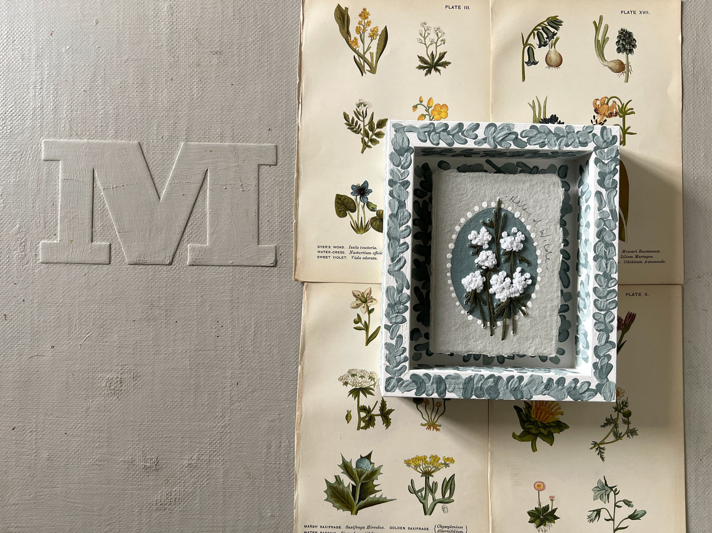 023 - Embroidered wild flowers on Handmade Paper - Framed in Blue.