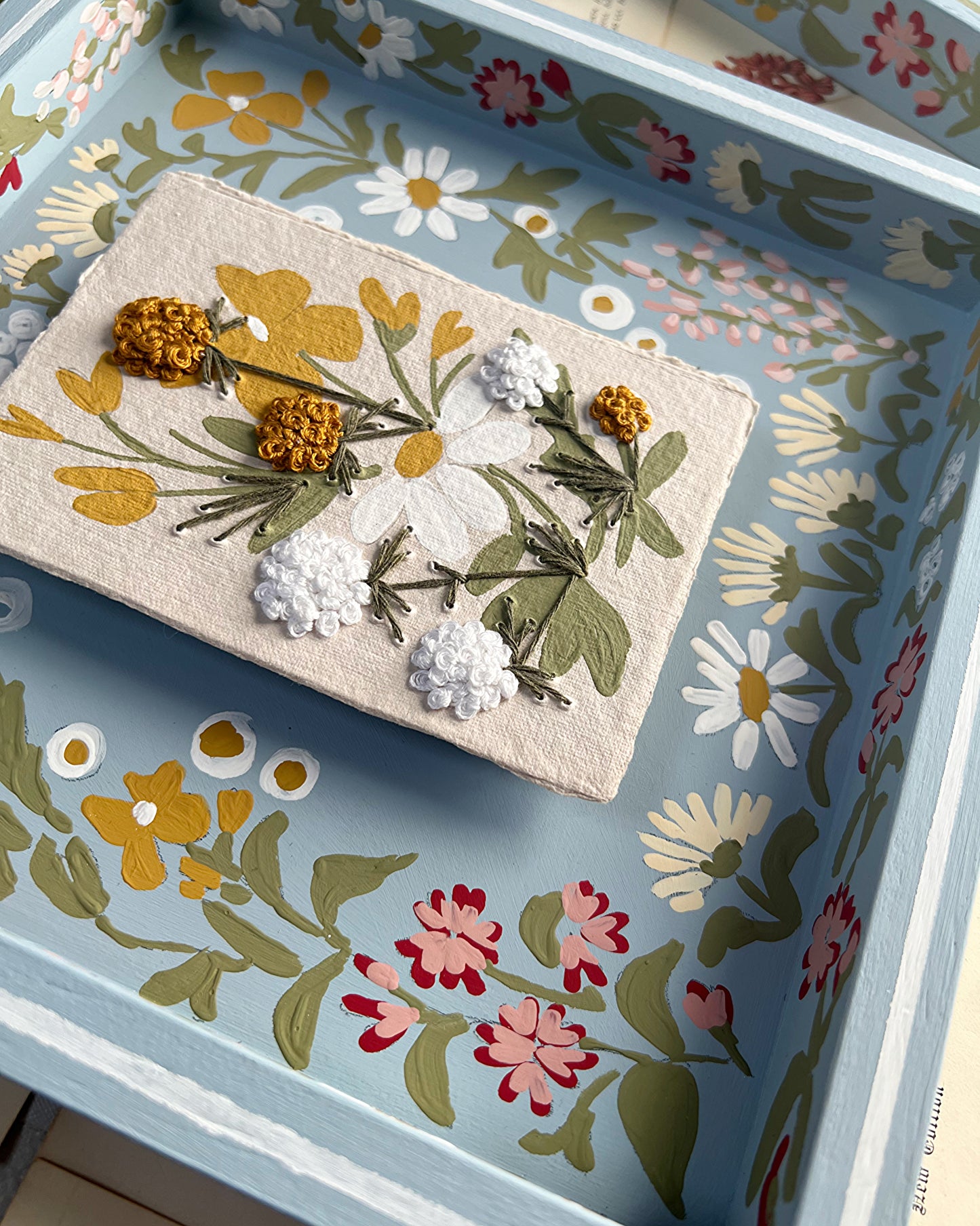 007 - Embroidered wild flowers on Handmade Paper with painted Frame.