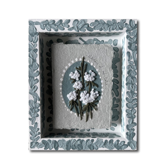 017 - PRE ORDER - Embroidered wild flowers on Handmade Paper - Framed in Blue.